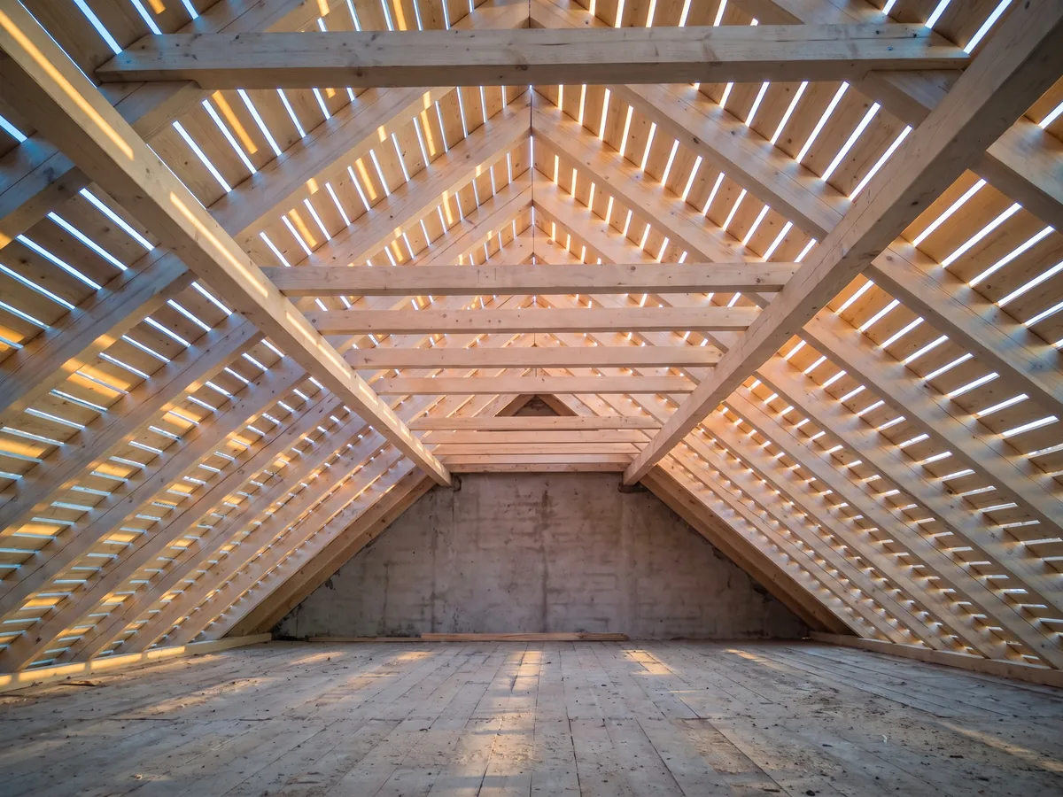 Blick von innen durch die Dachlattung eines Dachstuhls, Tageslicht fällt zwischen die Latten