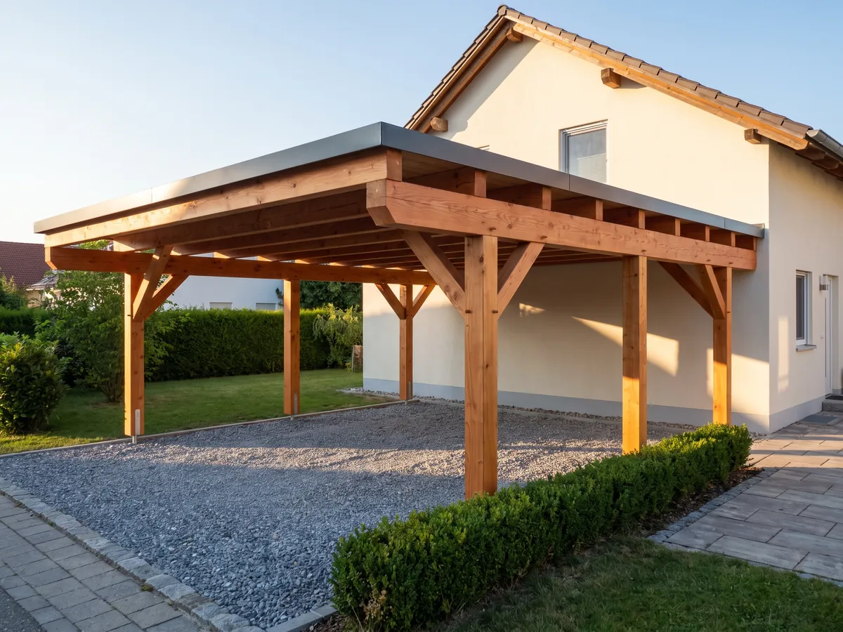 Offener Carport aus Douglasienholz neben einem Wohnhaus
