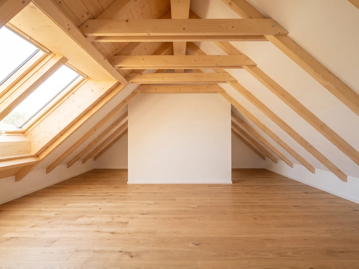 Leeres, frisch ausgebautes Dachgeschoss mit sichtbarer Balkendecke und Dachfenster
